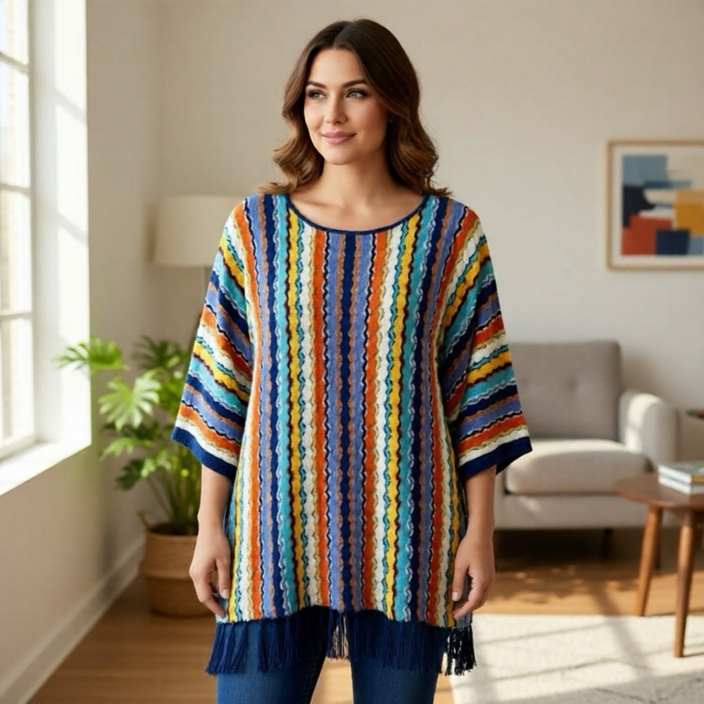 Woman 2X Sweater Tunic Boho Knit Fringe Hem Multicolor Zigzag Stripe Retro Top